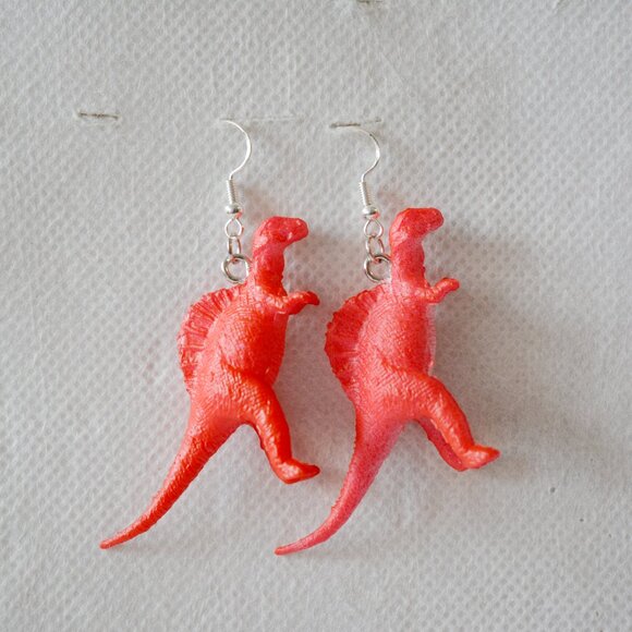 Red Spinosaurus Dinosaur Statement Earrings - Picture 1 of 5